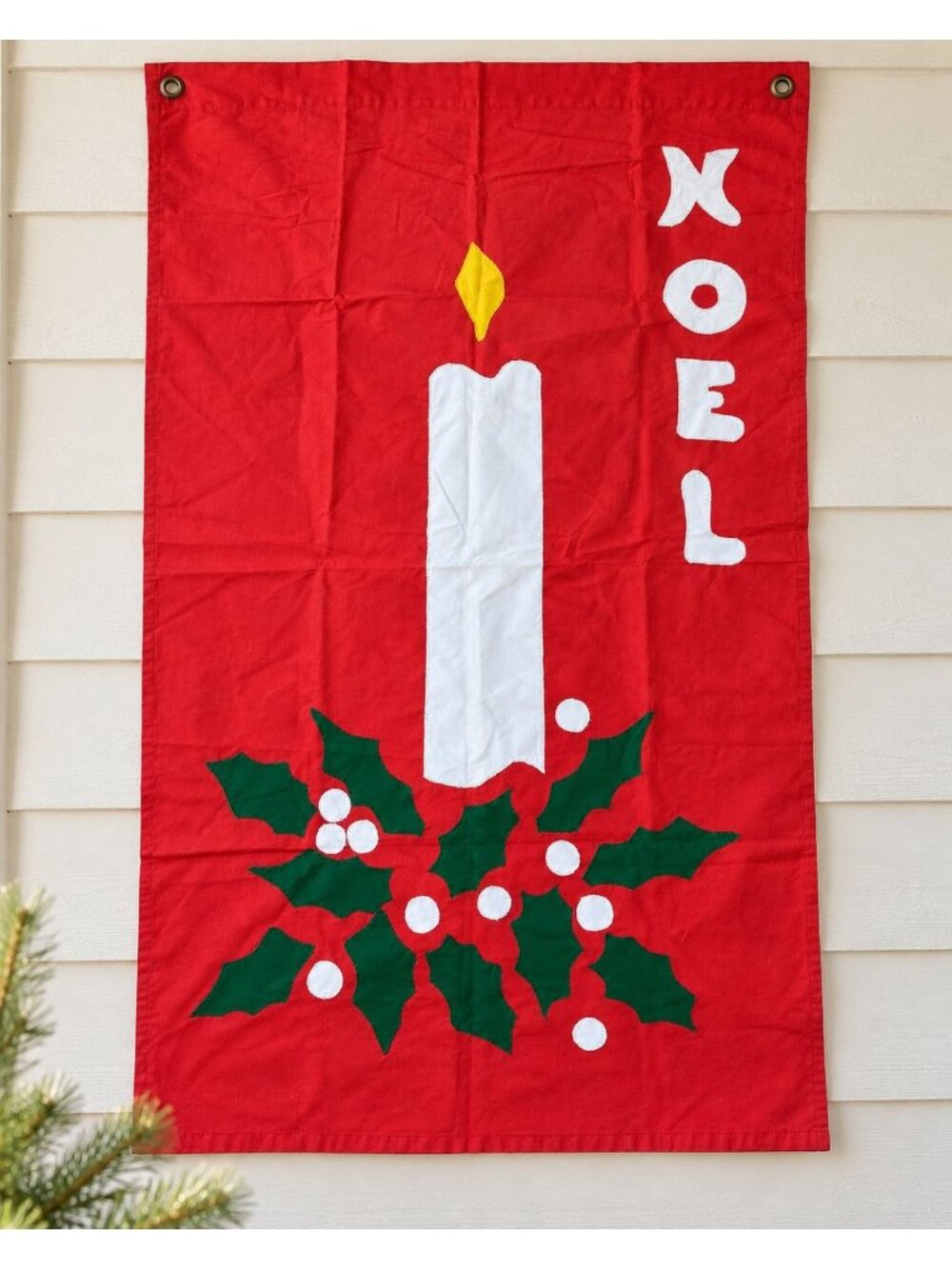 Vintage Handmade Christmas Noel Candle Flag Red Applique Holly Wall Hanging 34x5